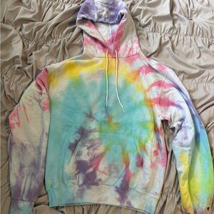 Champion Purple and Yellow Sweater Vibrant Tie-Dye Design